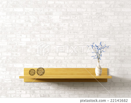 Wooden shelf brick wall interior background 3d 22141682
