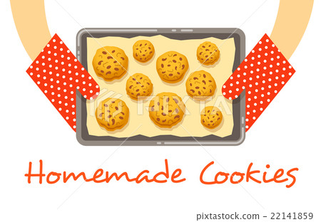 Hands hold a hot pan with fresh baked cookies Hands hold a hot pan with fresh baked cookies 22141859