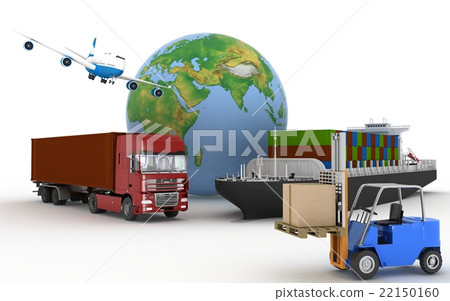 Cargo ship, truck, plane and loader with boxes 22150160