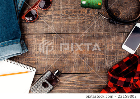 Men's objects on wooden table Men's objects on wooden table 22159802