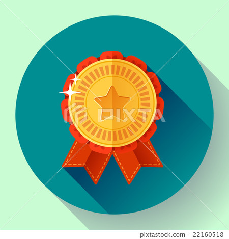 Gold shiny medal with ribbons badge icon. Flat Gold shiny medal with ribbons badge icon. Flat 22160518