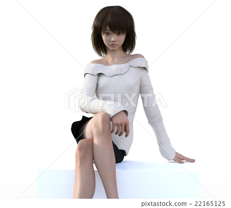 露肩毛線衣婦女坐和凝視perming3DCG例證材料 22165125