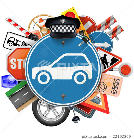 Vector Blue Road Sign with Car Parts 22192809