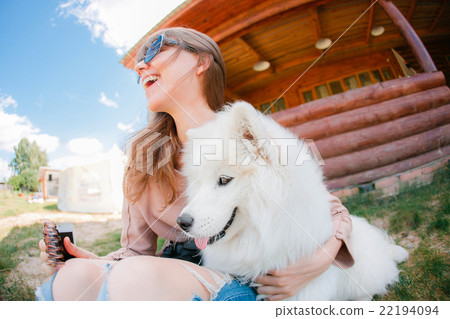 young woman girl white dog jeans young woman girl white dog jeans 22194094