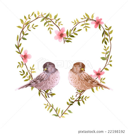 Watercolor birds and heart of flowers. 22198192