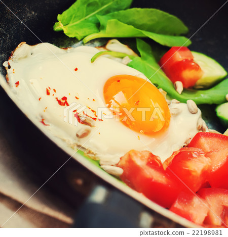 Fried Eggs Pan Vegetable Healthy Breakfast Closeup 22198981