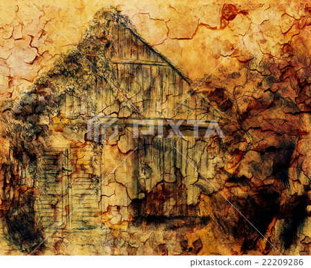 Cottage hand drawing and wild grapevine. Draving 22209286