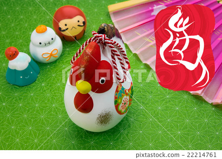 New Year image Rooster figurine and folding fan New Year image Rooster figurine and folding fan 22214761