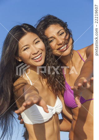 Beautiful Bikini Women Girls Laughing At Beach 22219607