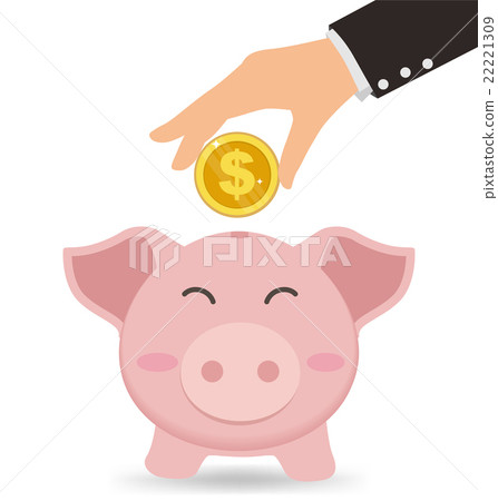 Business Hand Putting Gold Coin to Cute Piggy Bank Business Hand Putting Gold Coin to Cute Piggy Bank 22221309