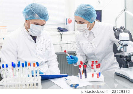 Cheerful two researchers are working in lab 22229383