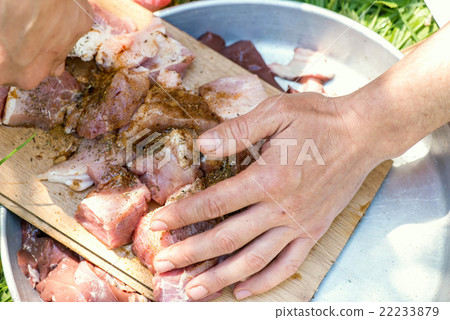 Preparation of meat skewers for barbeque 22233879