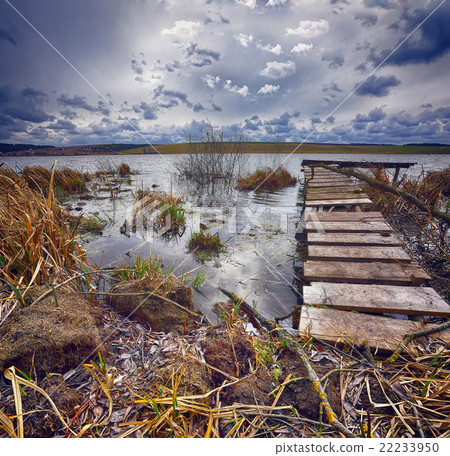 Old wooden pier with dry reed Old wooden pier with dry reed 22233950