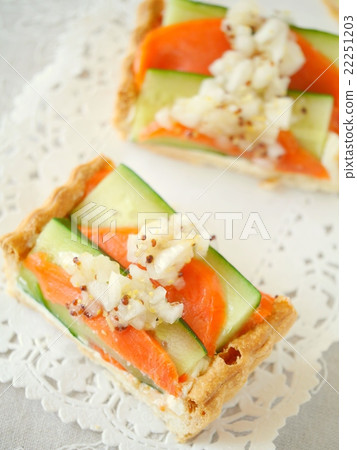 Quiche cut version of cucumber and smoked salmon (vertical position high angle) Quiche cut version of cucumber and smoked salmon (vertical position high angle) 22251203