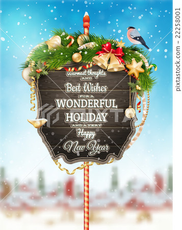 Wooden banner with Christmas Fur-tree branches. 22258001