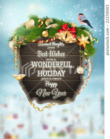 Wooden banner with Christmas Fur-tree branches. Wooden banner with Christmas Fur-tree branches. 22258003