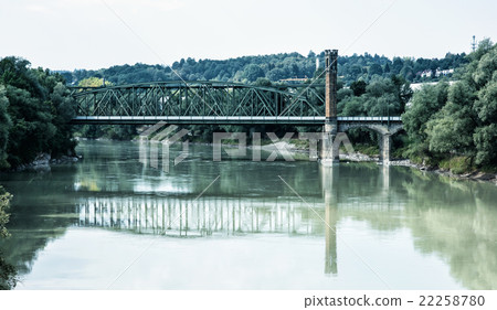 Old railway bridge is mirrored in river, Passau Old railway bridge is mirrored in river, Passau 22258780