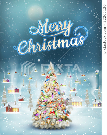 Snowfall covered little village with tree. EPS 10 22263126