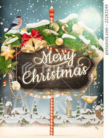 Wooden banner with Christmas Fur-tree branches. 22263149