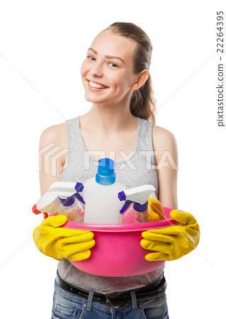 Smiling young woman with cleansers isolated Smiling young woman with cleansers isolated 22264395