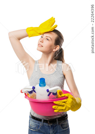 Smiling young woman with cleansers isolated Smiling young woman with cleansers isolated 22264396