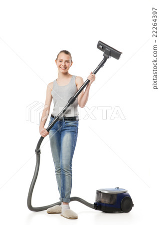 Smiling woman with vacuum-cleaner isolated Smiling woman with vacuum-cleaner isolated 22264397