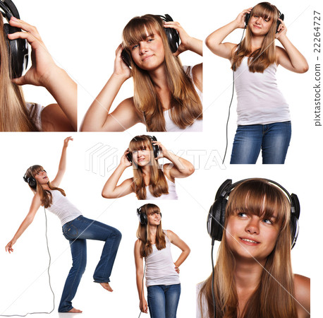 Set of images smiling teen girl listening to music 22264727