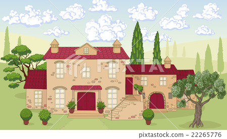Cartoon landscape with house, trees and clouds. Cartoon landscape with house, trees and clouds. 22265776
