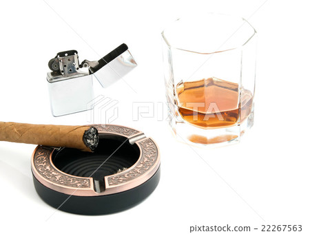 cigar in ashtray and whiskey on white 22267563