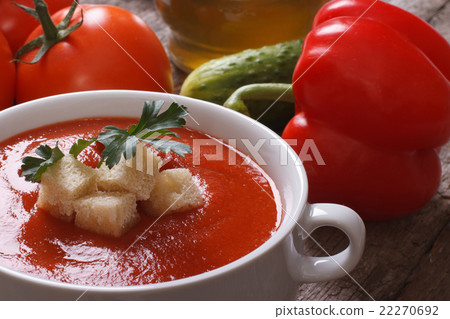 Tomato soup gazpacho with croutons close up 22270692