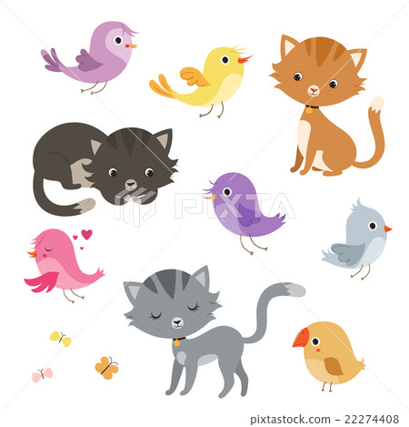 Funny cartoon cats and birds set. Funny cartoon cats and birds set. 22274408