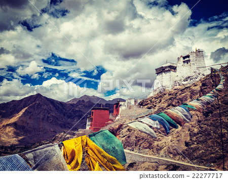 Leh gompa and lungta prayer flags. Leh, Ladakh 22277717