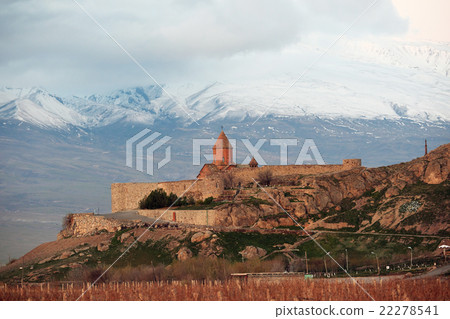 Ancient monastery in front of mountain 22278541
