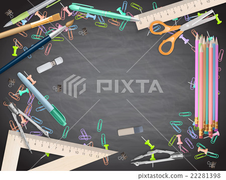 School supplies on blackboard background. EPS 10 - Stock Illustration ...