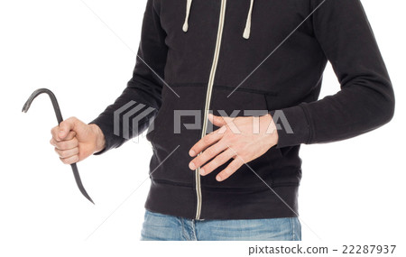 Crime concept. Criminal in hood with crowbar 22287937
