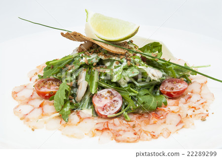 salad greens and shrimp meat on a white background salad greens and shrimp meat on a white background 22289299