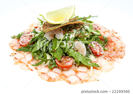salad greens and shrimp meat on a white background salad greens and shrimp meat on a white background 22289300