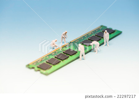 Technicians inspecting RAM memory module. 22297217