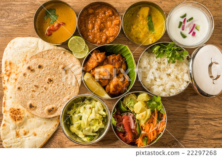 Typical Indian typical curry set meals Lunch of meals south India Typical Indian typical curry set meals Lunch of meals south India 22297268