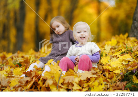 Two little sisters having fun in autumn park Two little sisters having fun in autumn park 22297771