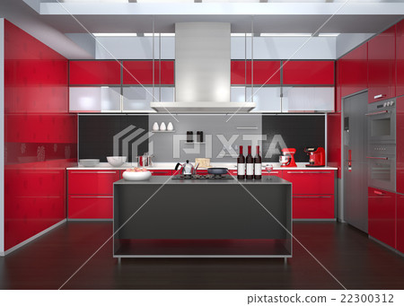 Wine red color theme island system image of kitchen interior 22300312