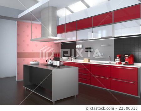 Wine red color theme island system image of kitchen interior 22300313