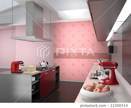 Monstera pattern pink wallpaper and wine red island system kitchen interior image 22300314