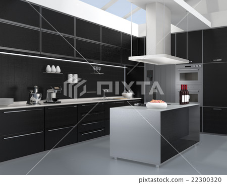 Image of the island system kitchen interior with a monotone theme Image of the island system kitchen interior with a monotone theme 22300320