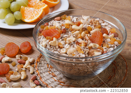 Cereal with raisins, nuts and dried apricots Cereal with raisins, nuts and dried apricots 22312850