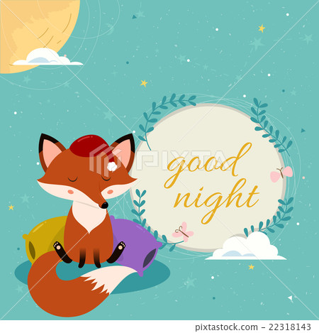 Good night card with cute cartoon sleepy fox on 22318143