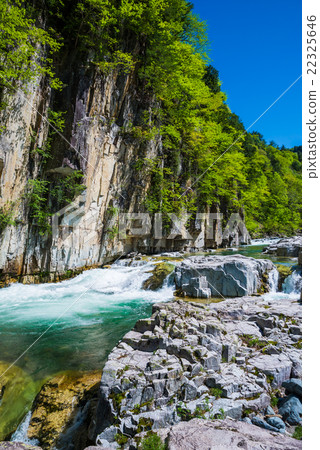 Painted rock and fresh green landscape (Minamiaizu-machi, Minamiaizu-gun, Fukushima prefecture) As of May 2016 22325646