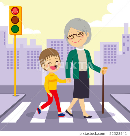 Boy Helping Grandmother crosswalking Boy Helping Grandmother crosswalking 22328341