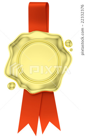 Gold wax seal hang on red ribbon isolated on white Gold wax seal hang on red ribbon isolated on white 22332376