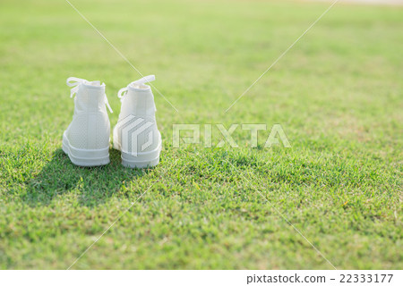 white sneakers on green grass 22333177